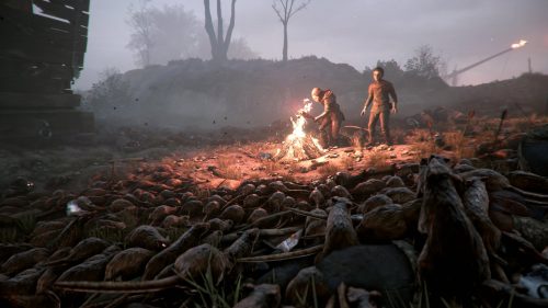 Des rats entourent des gens installés près d'un feu.